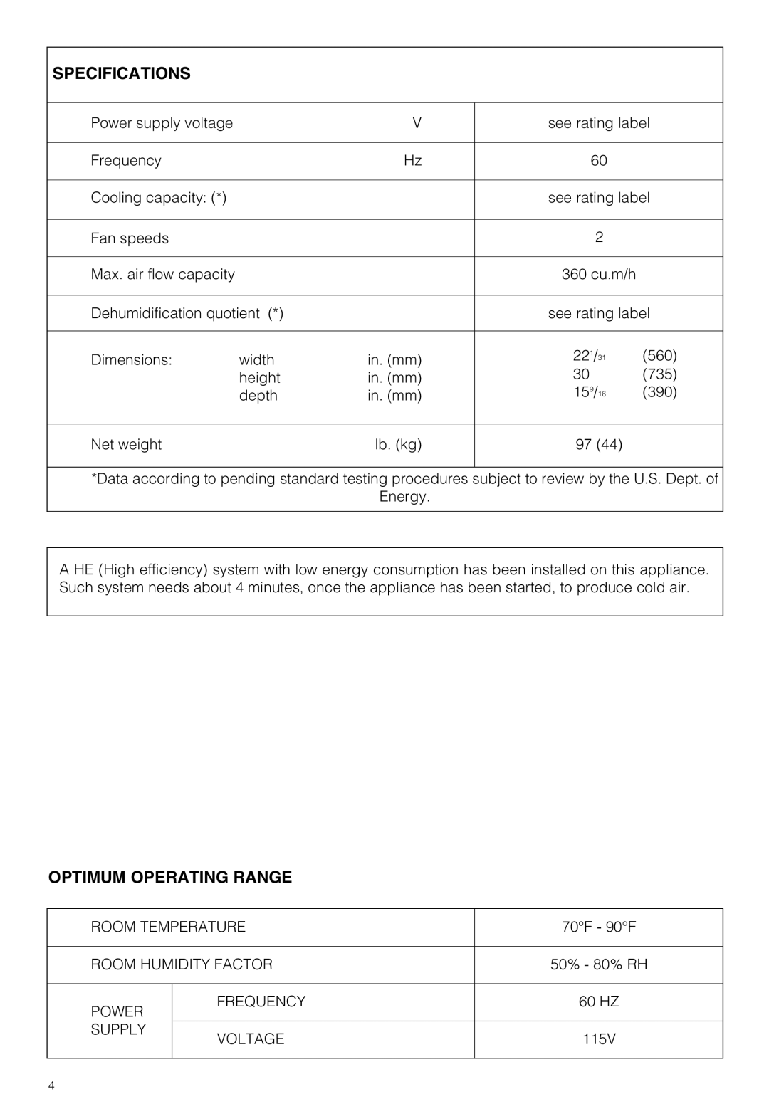 DeLonghi PAC 210 U owner manual Specifications, Optimum Operating Range 