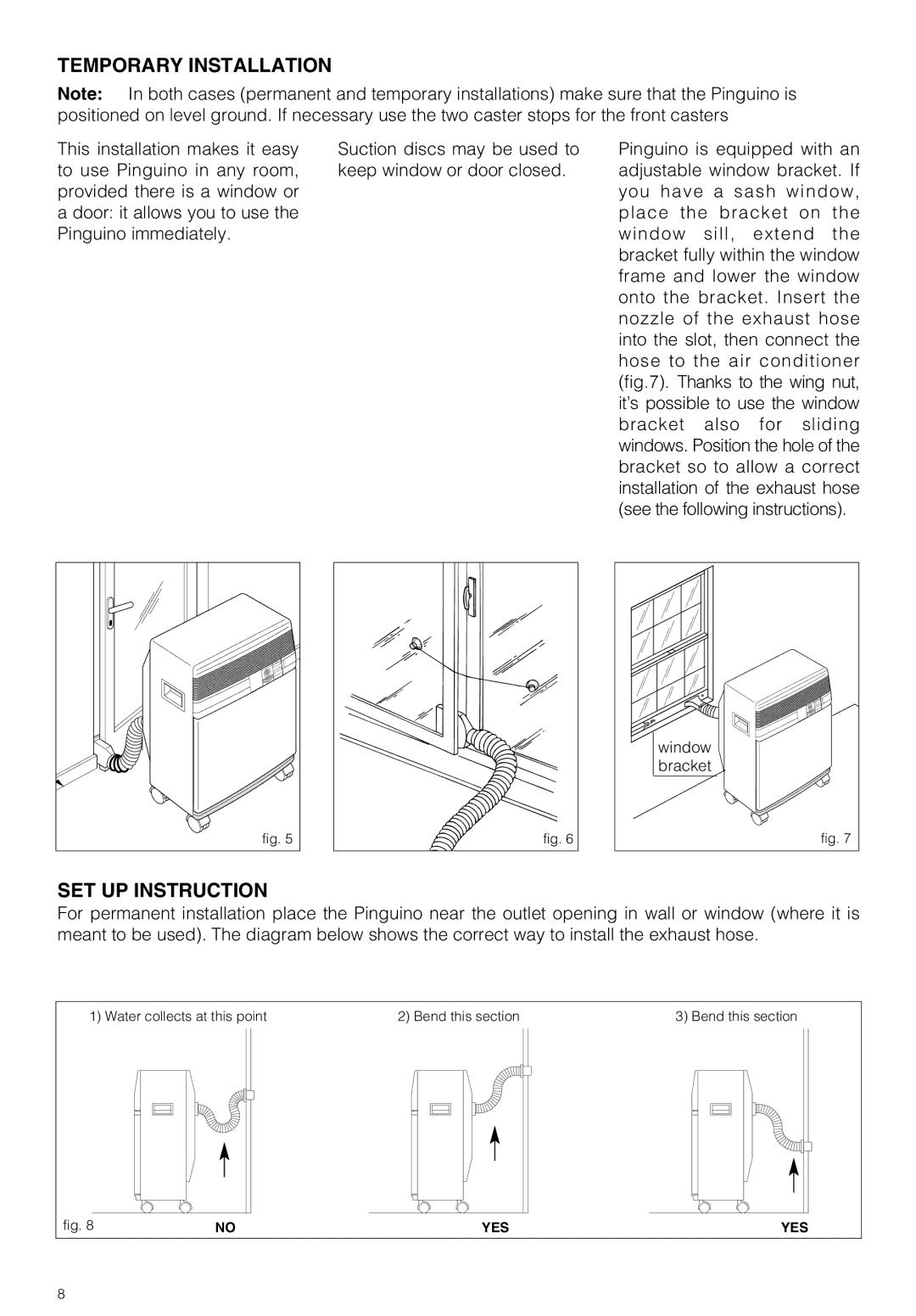 DeLonghi PAC 210 U owner manual Temporary Installation, SET UP Instruction 