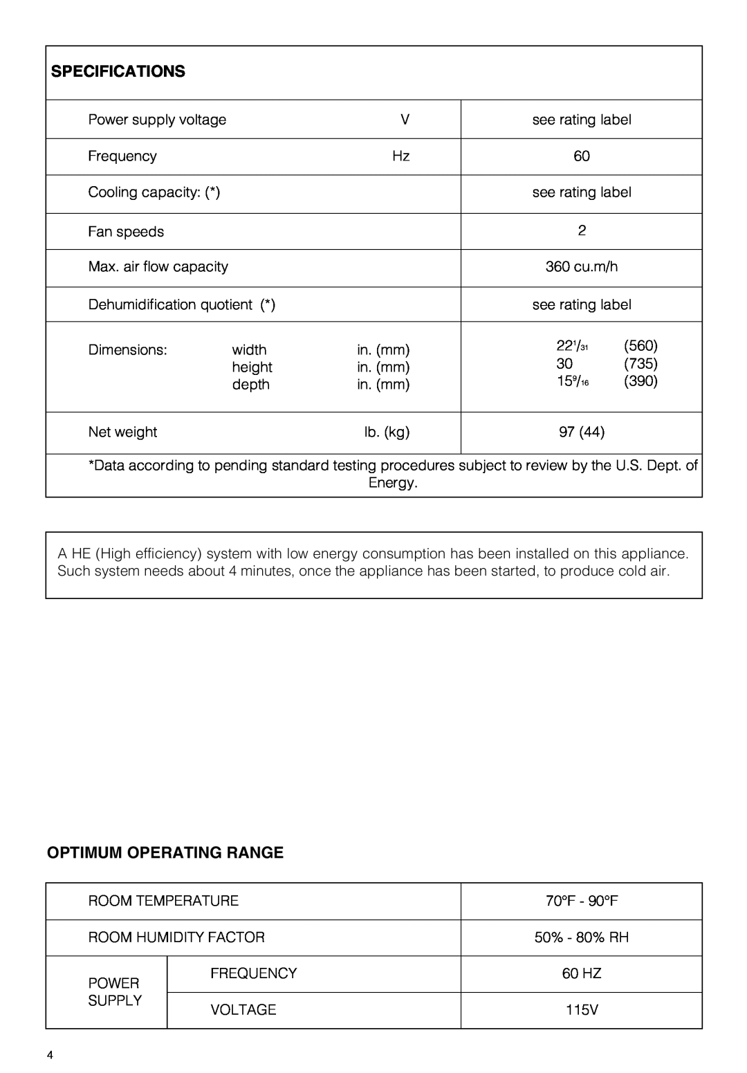 DeLonghi PAC 210 U owner manual Specifications, Optimum Operating Range 