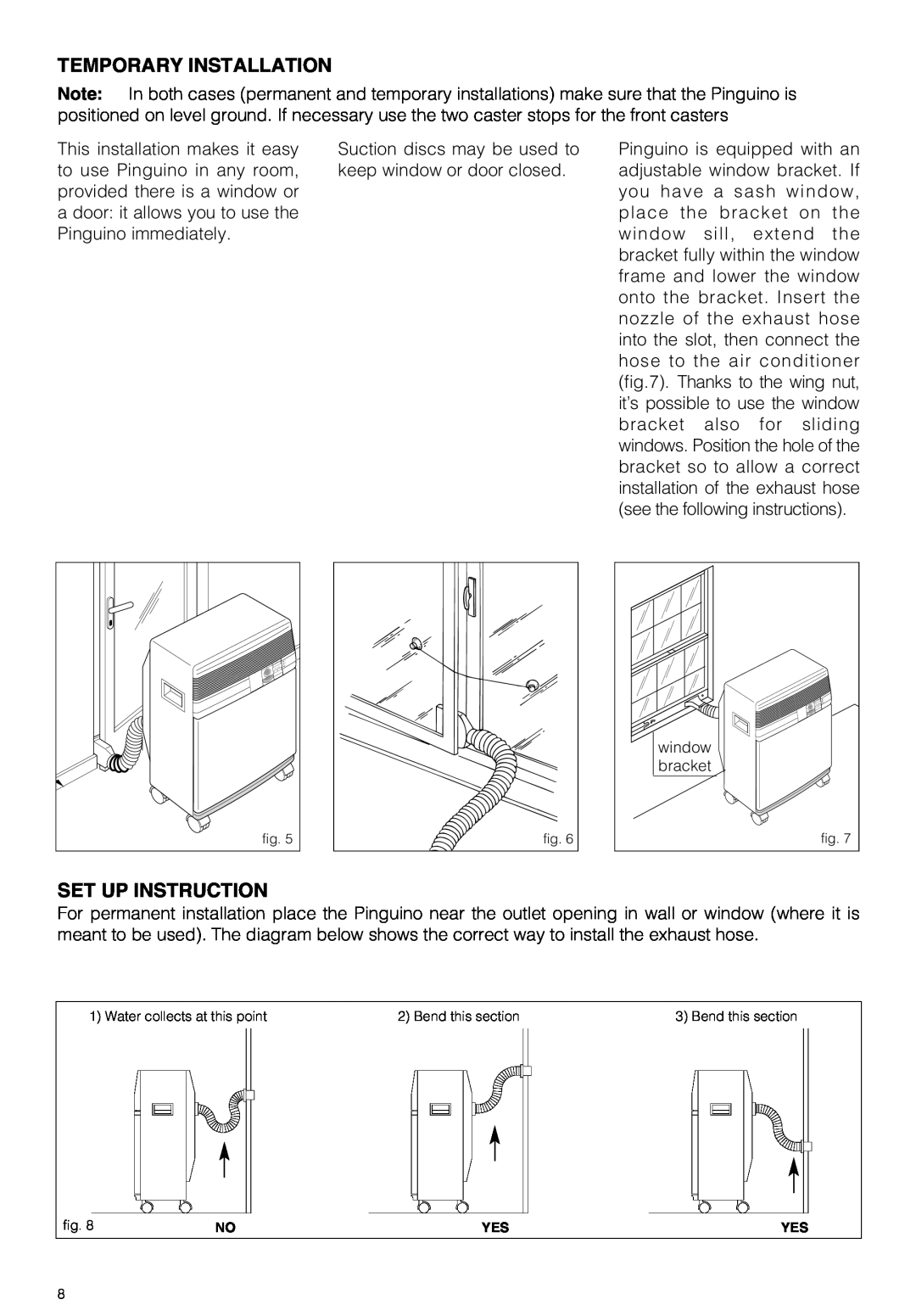 DeLonghi PAC 210 U owner manual Temporary Installation, Set Up Instruction, window, bracket 