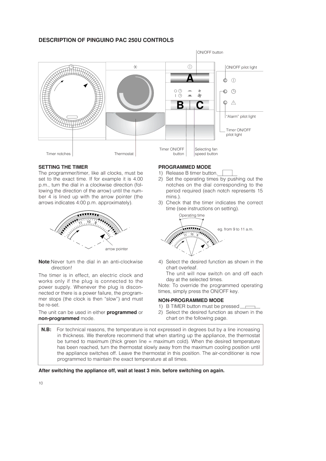 DeLonghi PAC 250 U owner manual Description of Pinguino PAC 250U Controls, Setting the Timer 