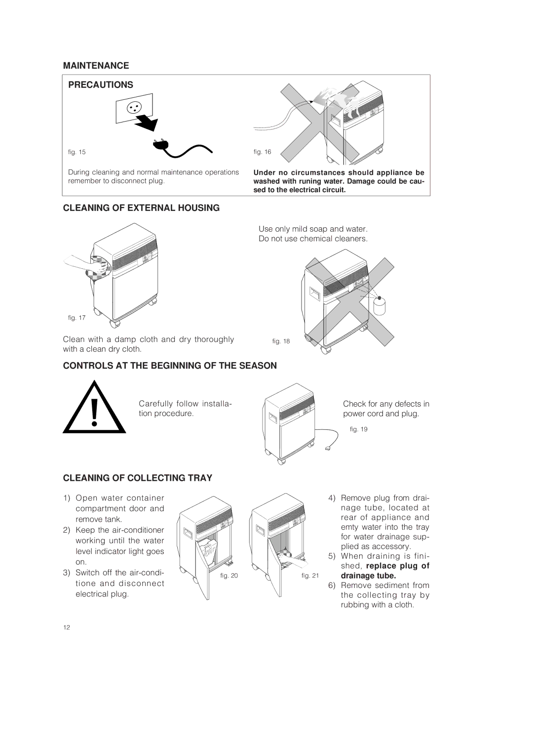 DeLonghi PAC 250 U Maintenance Precautions, Cleaning of External Housing, Controls AT the Beginning of the Season 