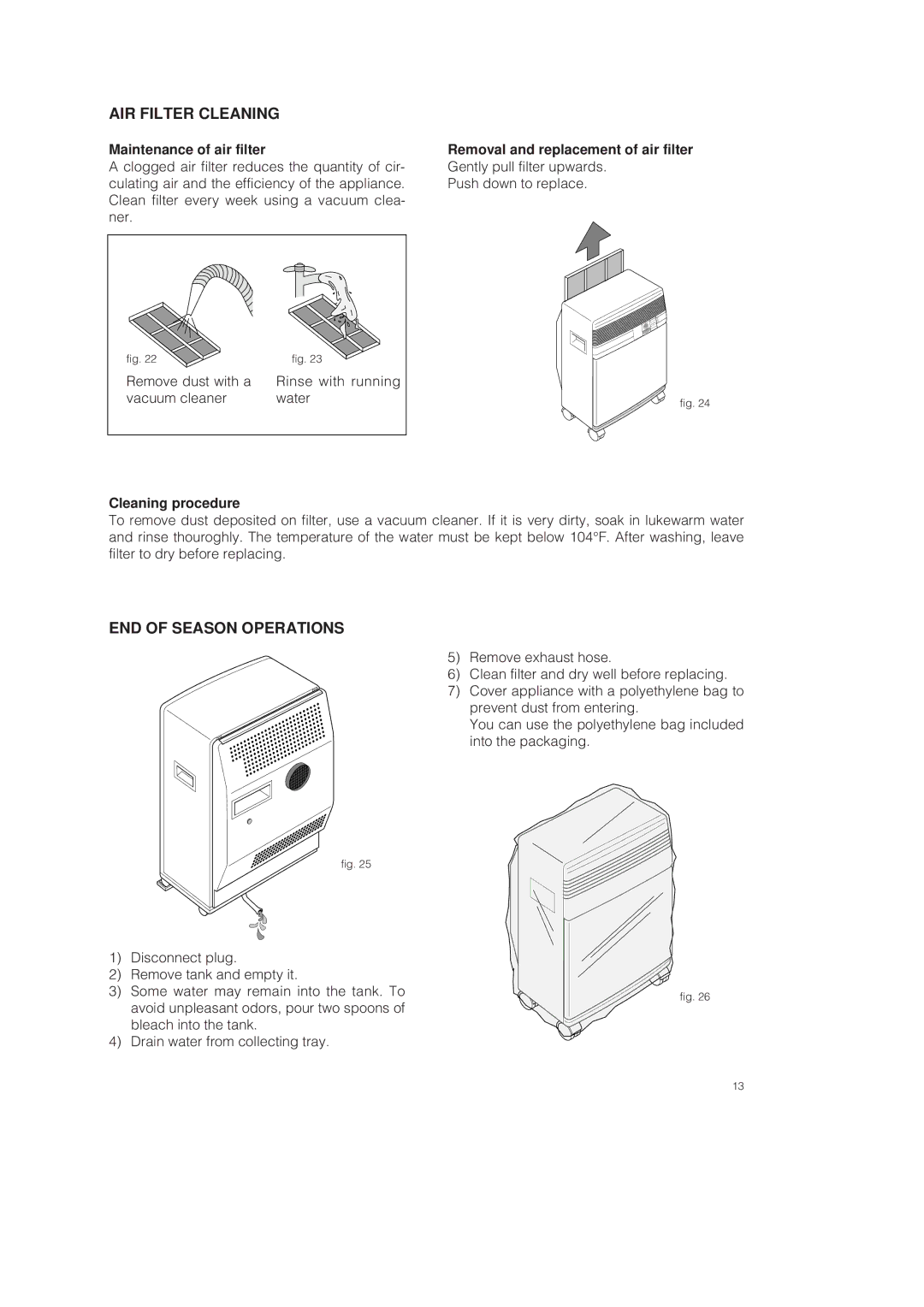 DeLonghi PAC 250 U owner manual AIR Filter Cleaning, END of Season Operations 