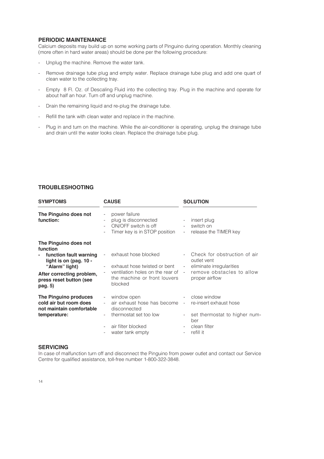 DeLonghi PAC 250 U owner manual Periodic Maintenance, Troubleshooting, Servicing 