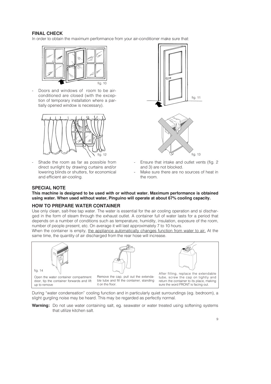 DeLonghi PAC 250 U owner manual Final Check, Special Note, HOW to Prepare Water Container 