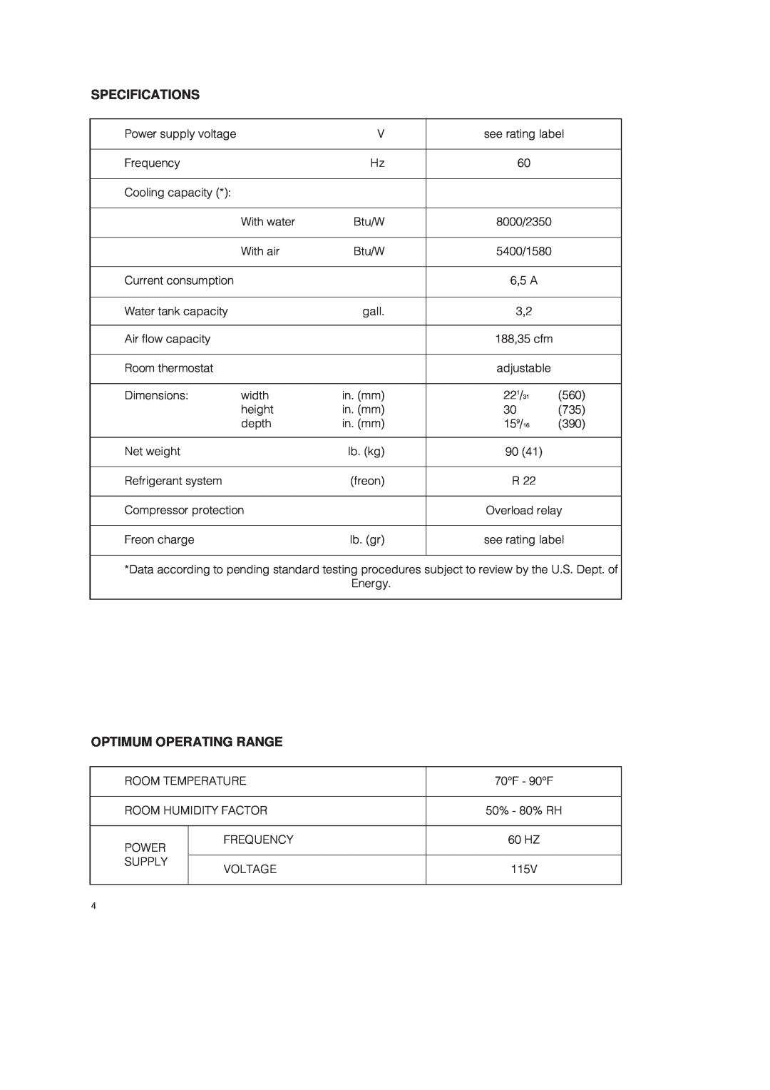 DeLonghi PAC 250 U owner manual Specifications, Optimum Operating Range 