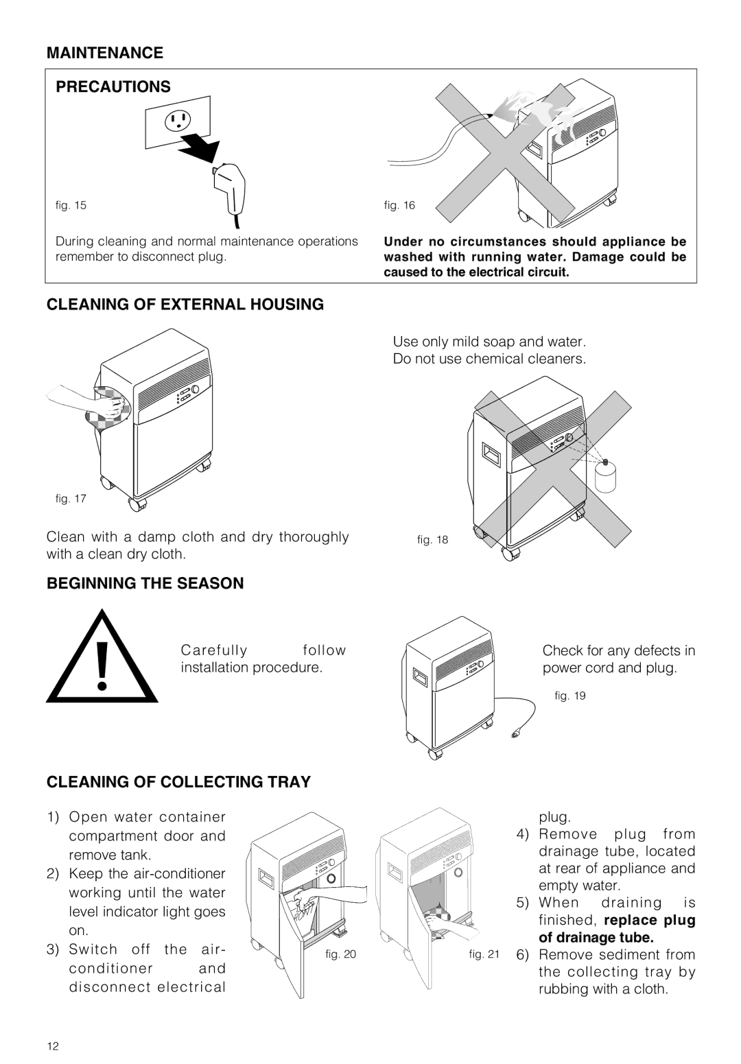 DeLonghi PAC 290 U owner manual Maintenance Precautions, Cleaning of External Housing, Beginning the Season 