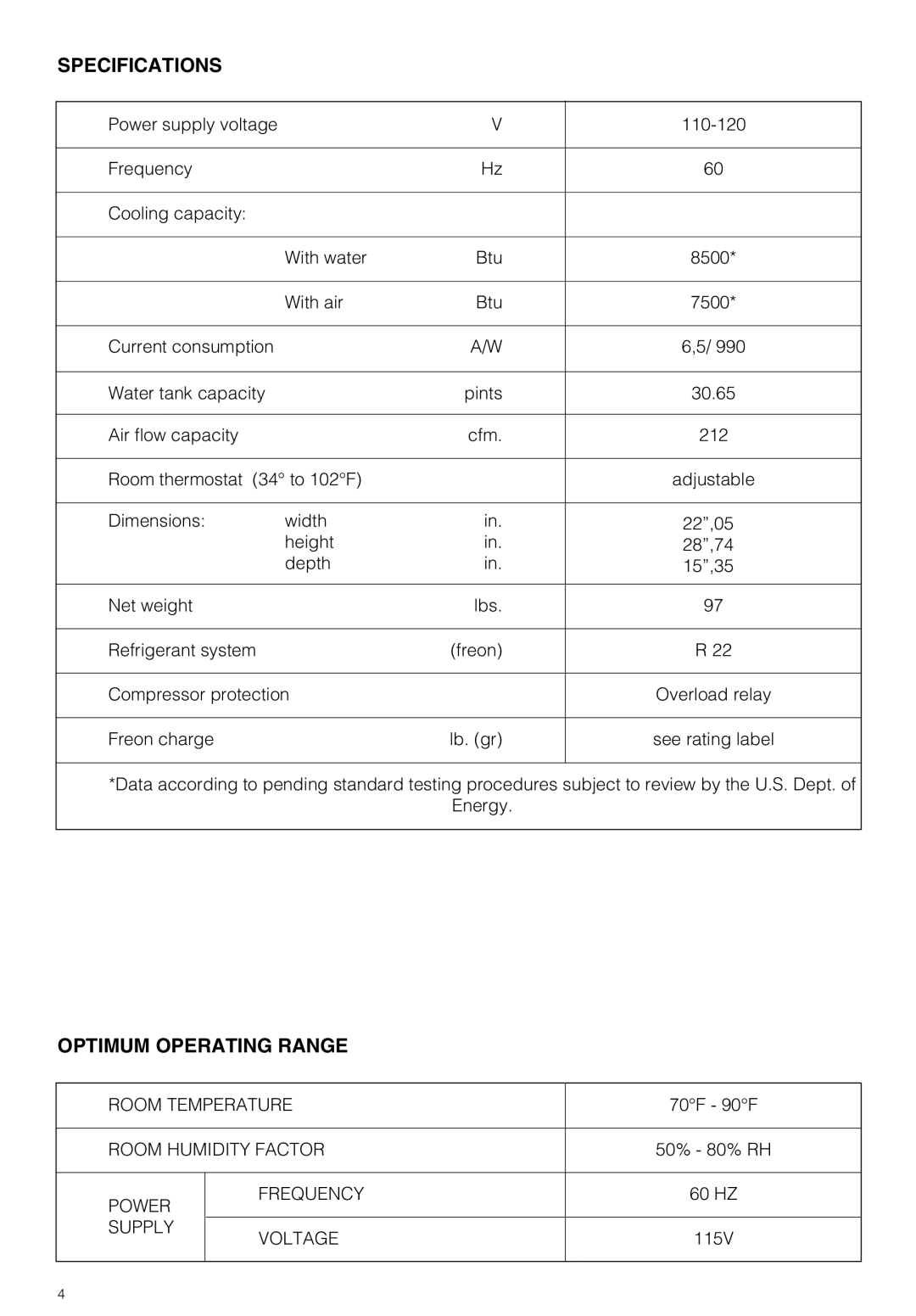 DeLonghi PAC 290 U owner manual Specifications, Optimum Operating Range 