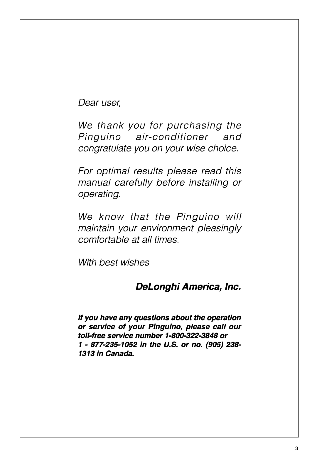 DeLonghi PAC 290 U owner manual DeLonghi America, Inc 
