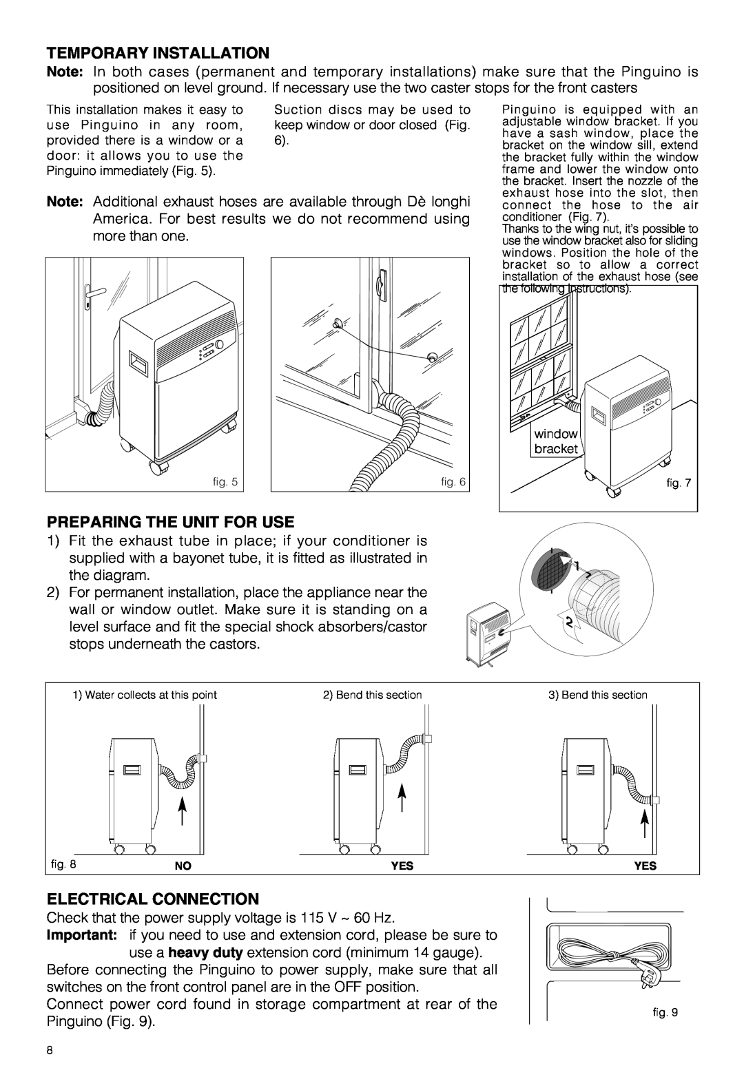 DeLonghi PAC 290 U owner manual Temporary Installation, Preparing The Unit For Use, Electrical Connection 