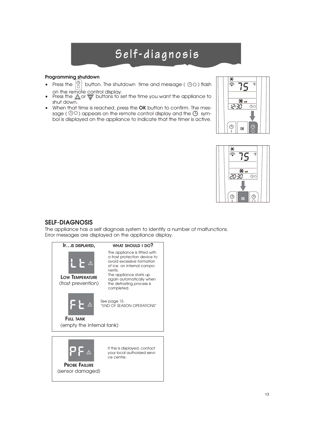 DeLonghi PAC-A130HPE instruction manual L f d i a g n o s i s, Self-Diagnosis 