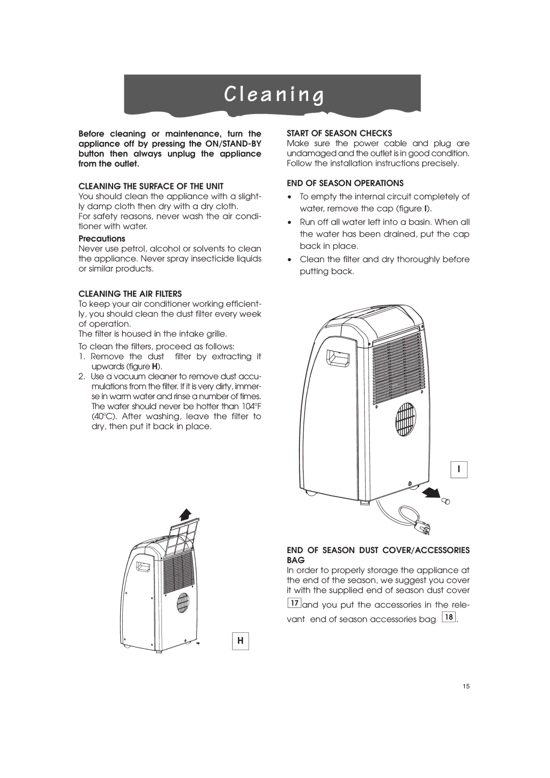 DeLonghi PAC-A130HPE instruction manual E a n i n g, Cleaning the Surface of the Unit 