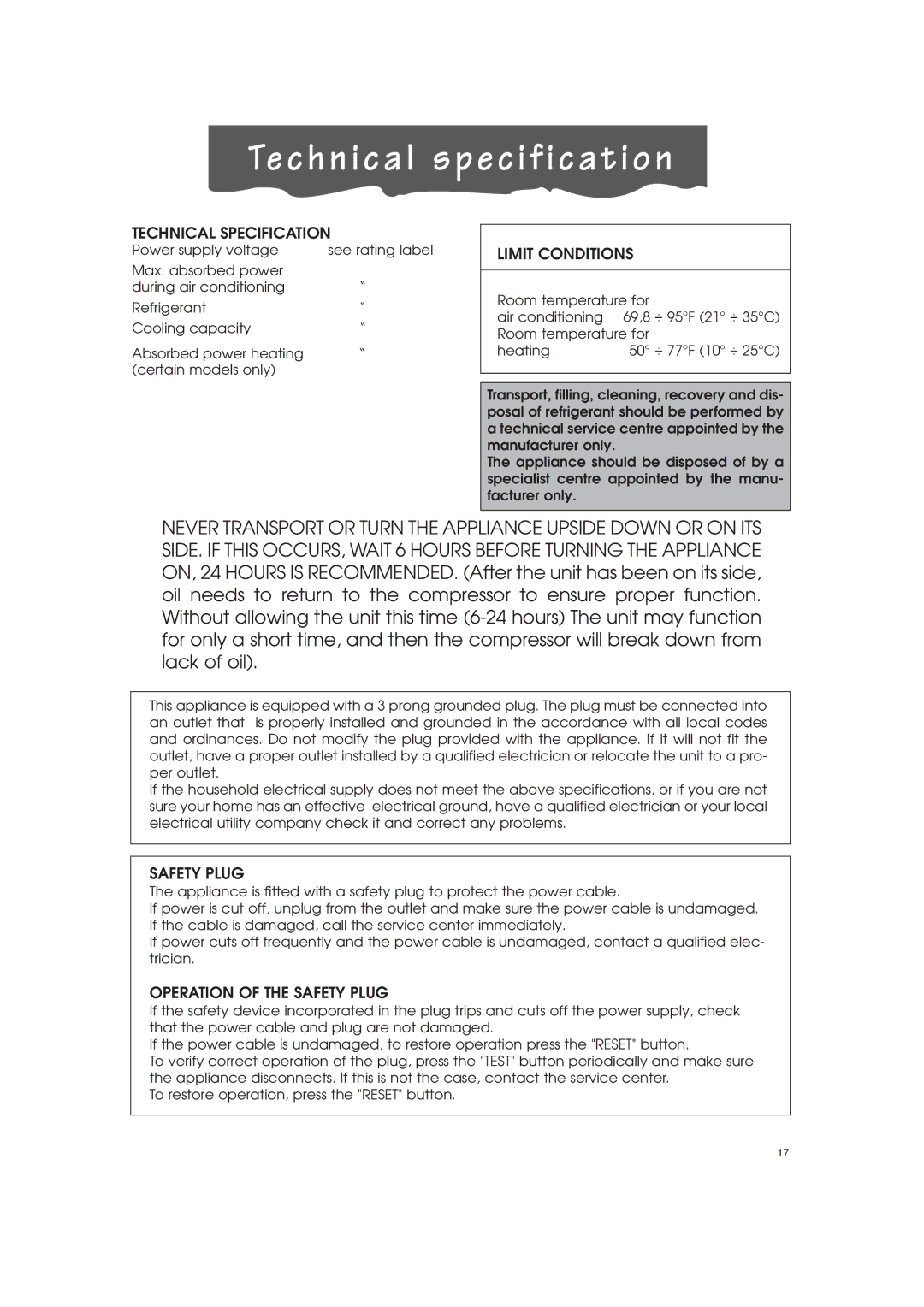 DeLonghi PAC-A130HPE instruction manual Technical specification, Technical Specification, Limit Conditions, Safety Plug 