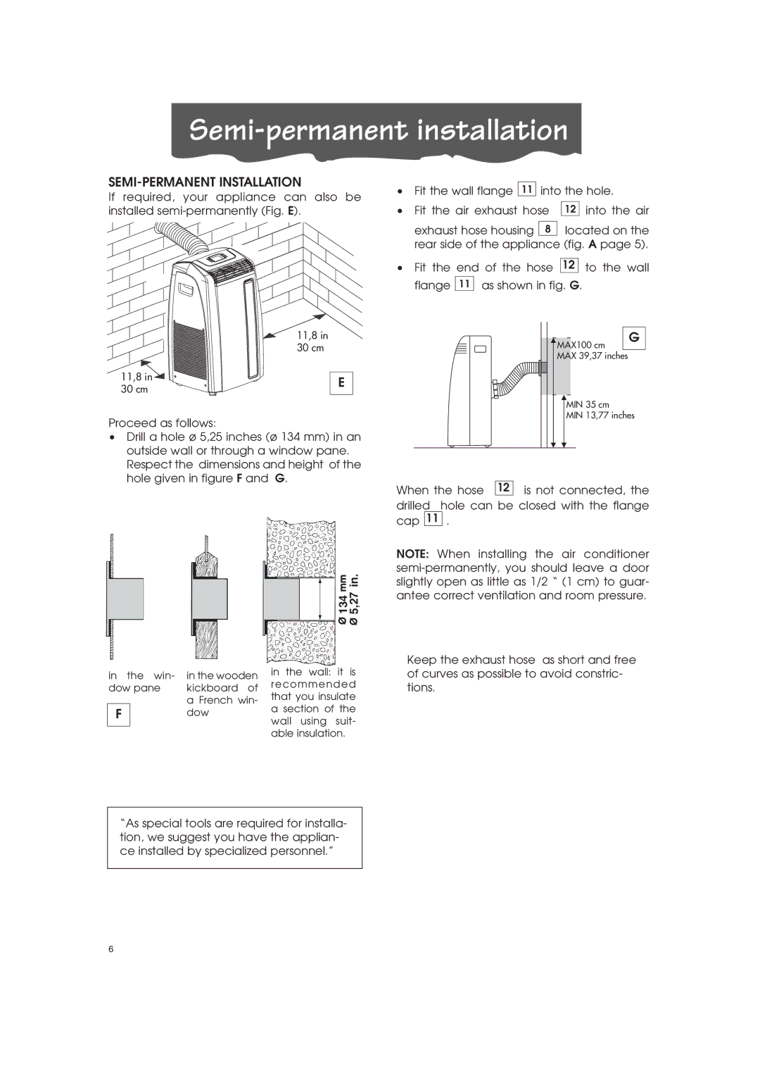 DeLonghi PAC-A130HPE instruction manual Semi-permanent installation, SEMI-PERMANENT Installation 