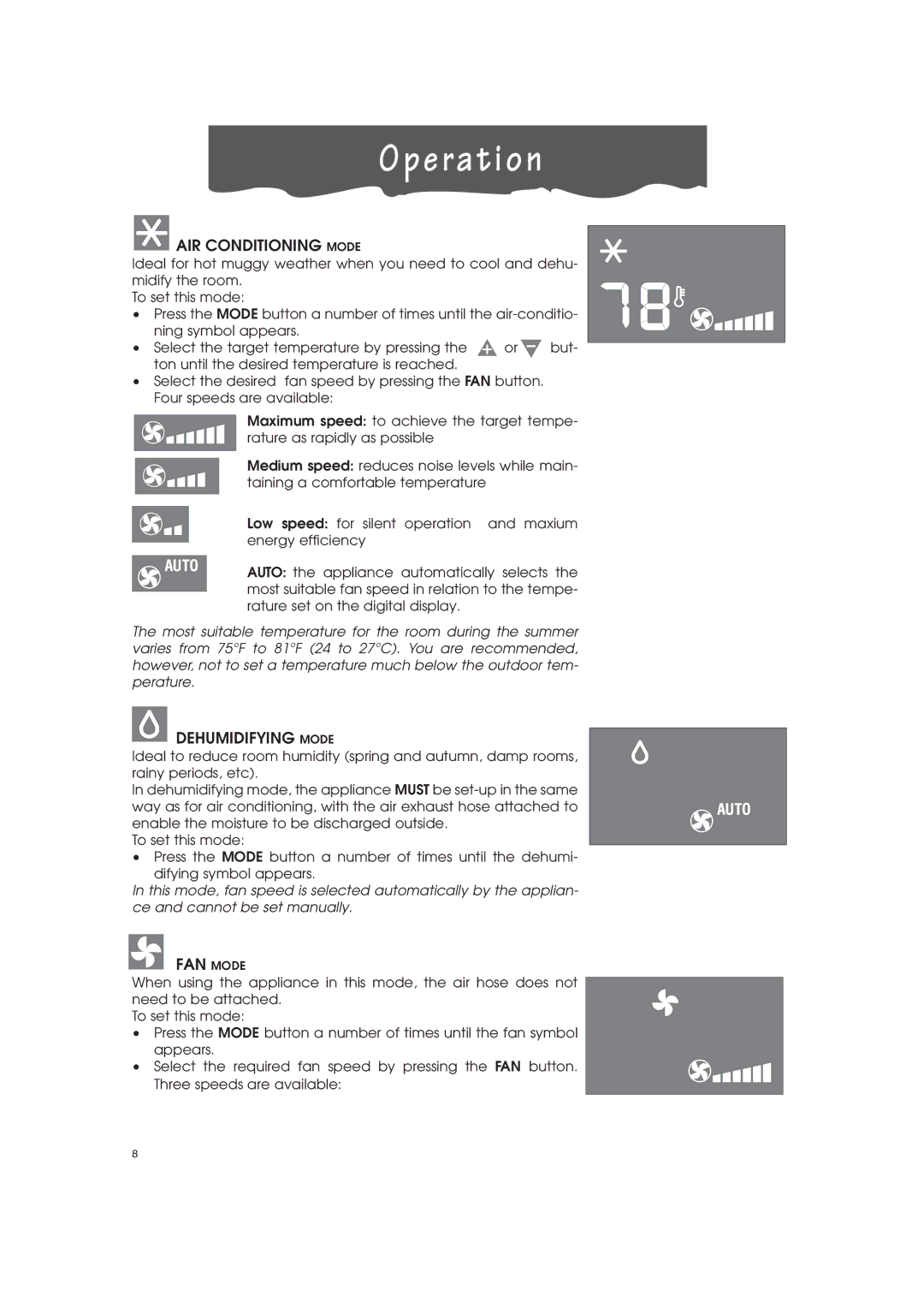 DeLonghi PAC-A130HPE instruction manual E rat i o n, AIR Conditioning Mode, Dehumidifying Mode, FAN Mode 