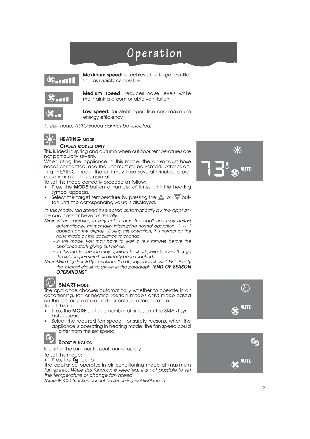 DeLonghi PAC-A130HPE instruction manual Heating Mode, Smart Mode 