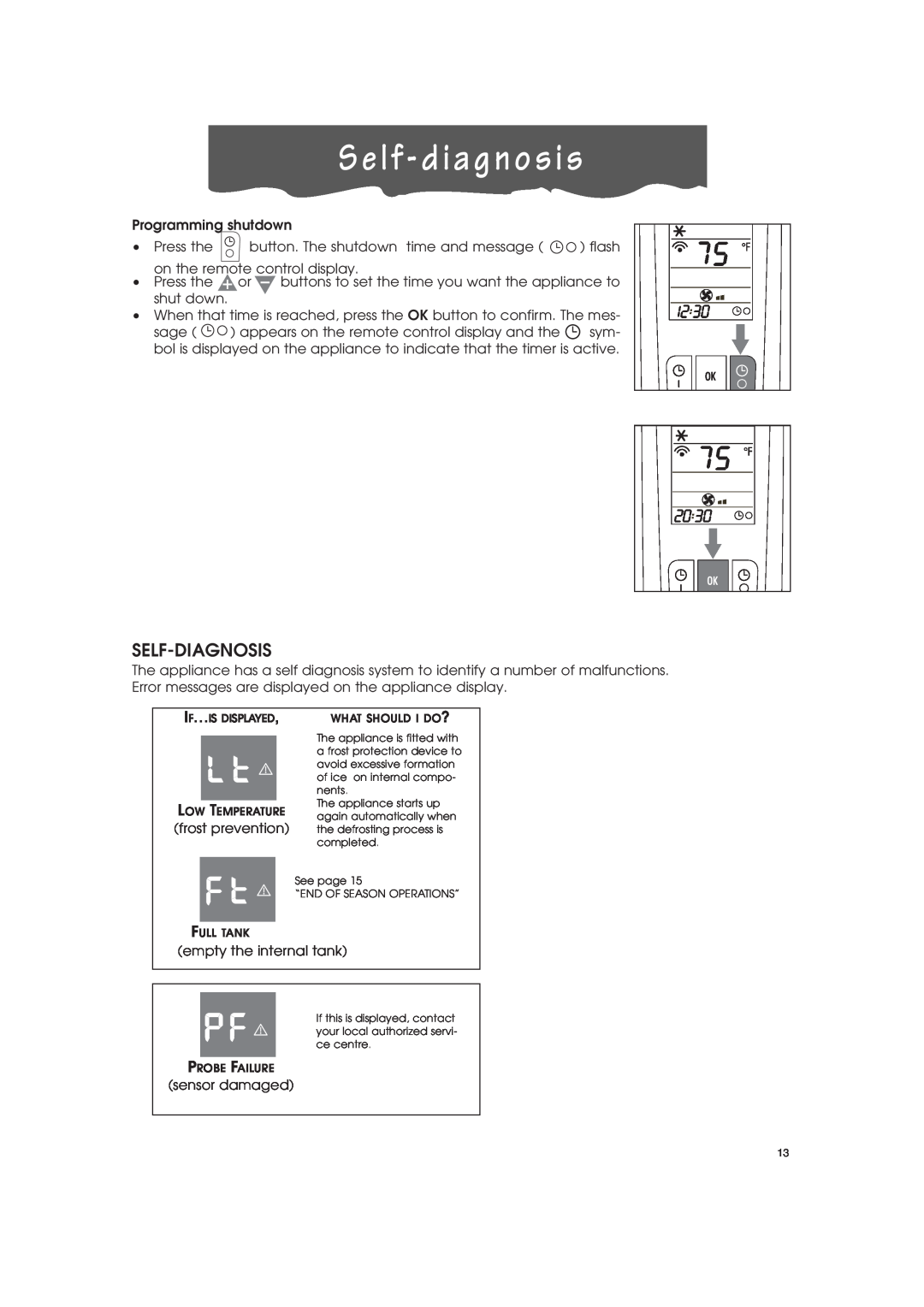 DeLonghi PAC-A130HPE instruction manual S e l f - d i a g n o s i s, Self-Diagnosis 