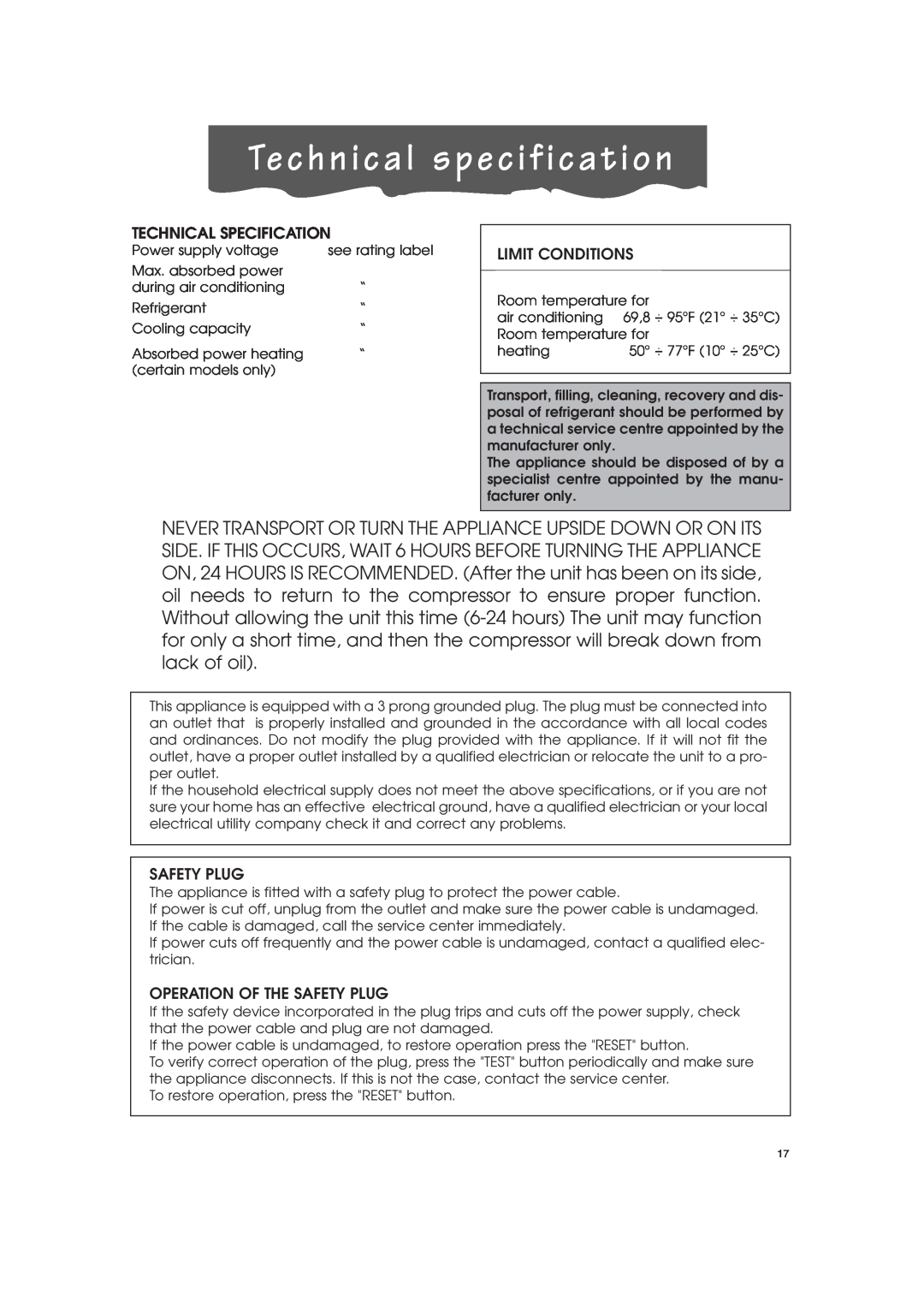 DeLonghi PAC-A130HPE instruction manual Technical specification, Technical Specification, Limit Conditions, Safety Plug 