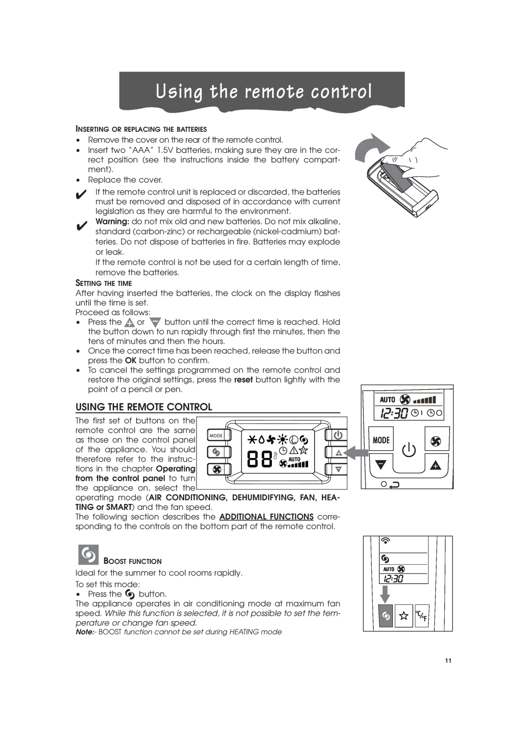 DeLonghi PAC-A130HPE instruction manual Using the remote control, Using The Remote Control 
