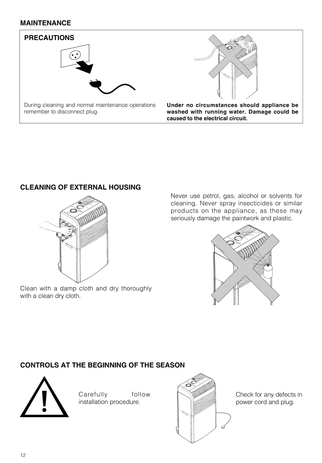 DeLonghi PAC GSR/MU Maintenance Precautions, Cleaning of External Housing, Controls AT the Beginning of the Season 