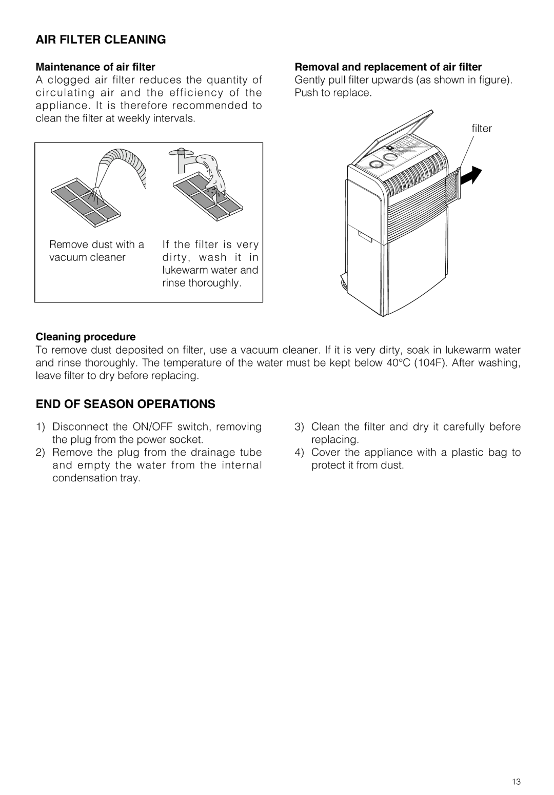 DeLonghi PAC GSR/MU owner manual AIR Filter Cleaning, END of Season Operations, Maintenance of air filter 