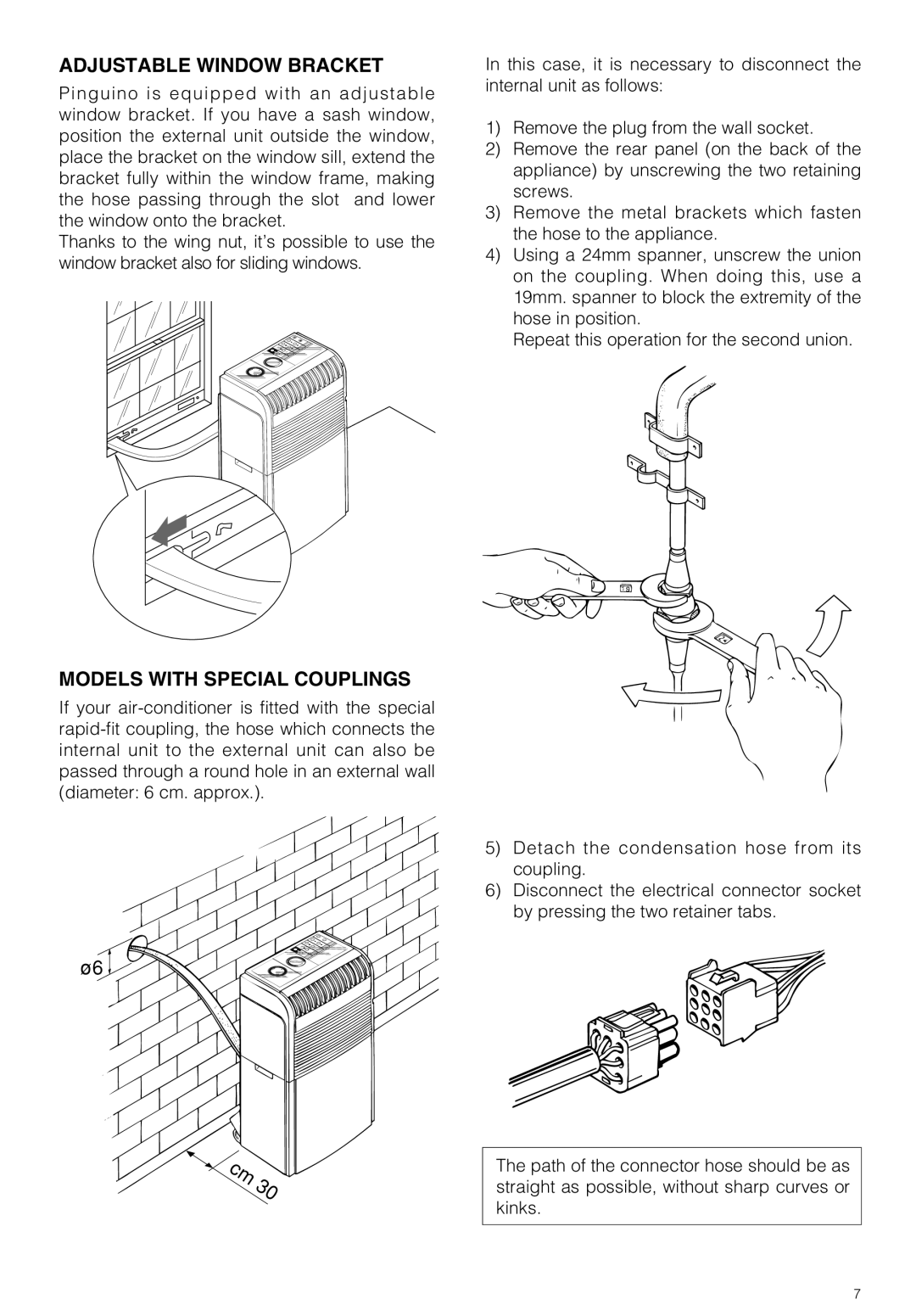 DeLonghi PAC GSR/MU owner manual Adjustable Window Bracket, Models with Special Couplings 