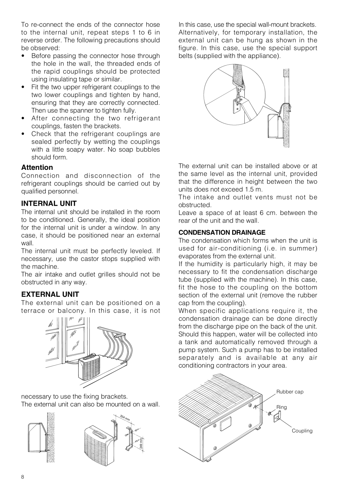 DeLonghi PAC GSR/MU owner manual Internal Unit, External Unit, Condensation Drainage 