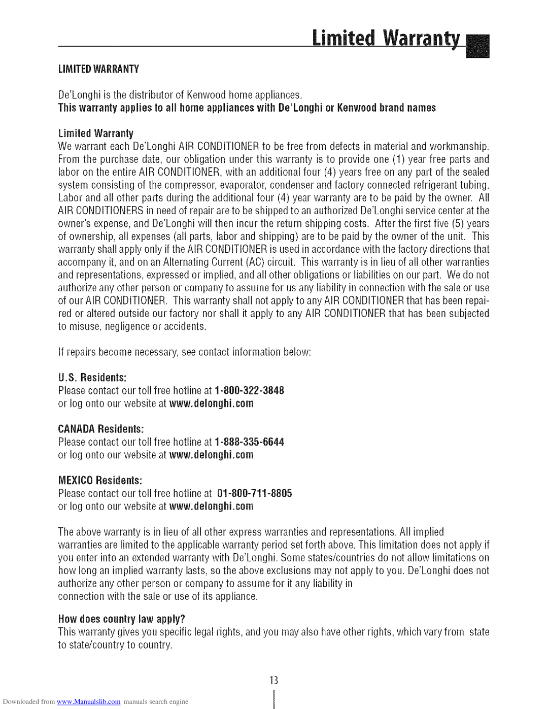 DeLonghi PAC N130HPE instruction manual Limited Warranty, How does countrylaw apply? 