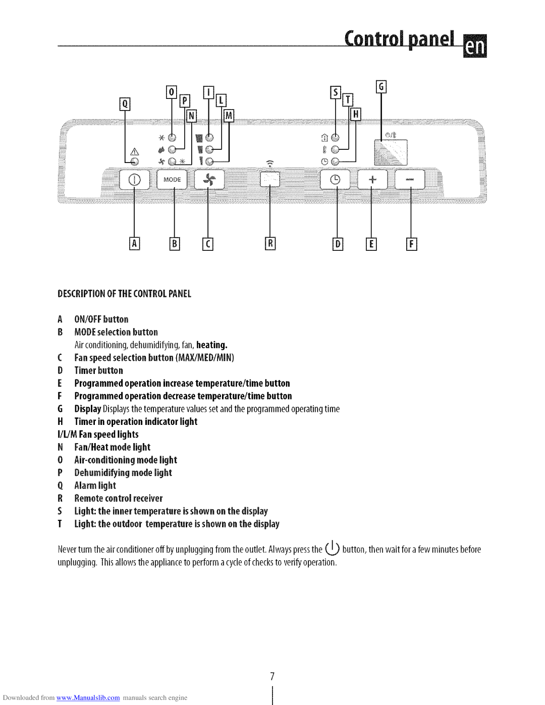 DeLonghi PAC N130HPE instruction manual Descriptionofthecontrolpanel, ON/OFFbutton, Eemote control receiver 