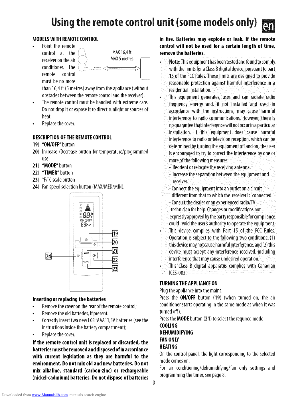 DeLonghi PAC N130HPE Usingthe remotecontrolunitsomemodelsonly, Modelswith Remotecontrol, Descriptionoftheremotecontrol 