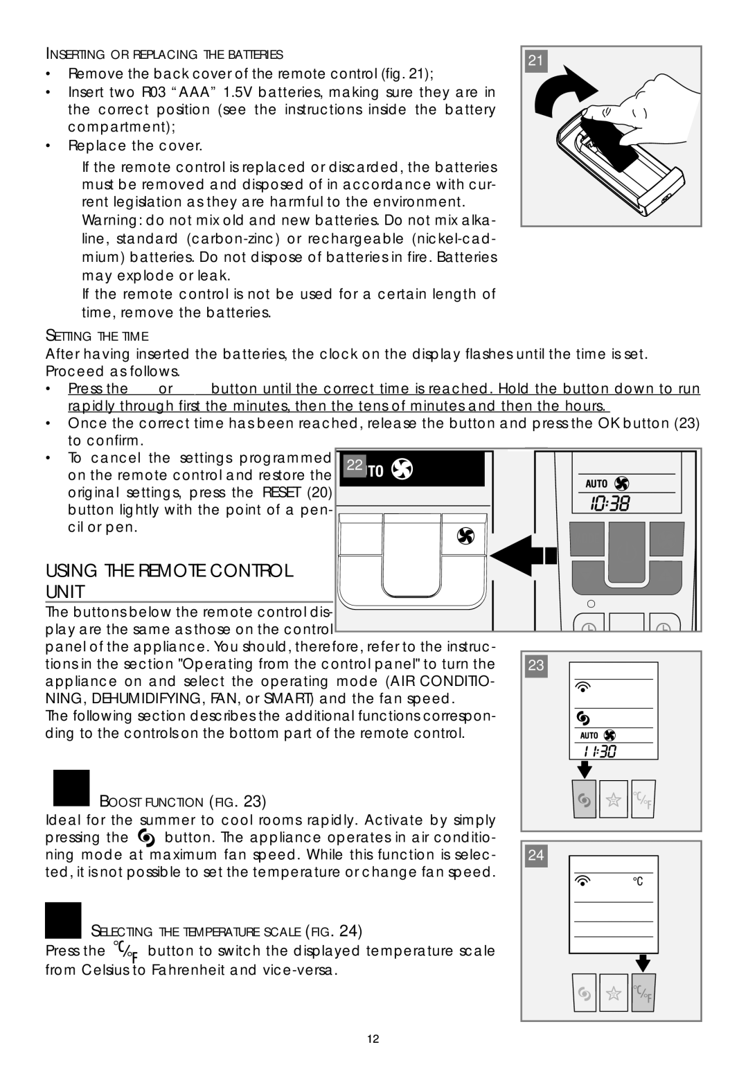 DeLonghi PAC W130E specifications Using the Remote Control Unit 