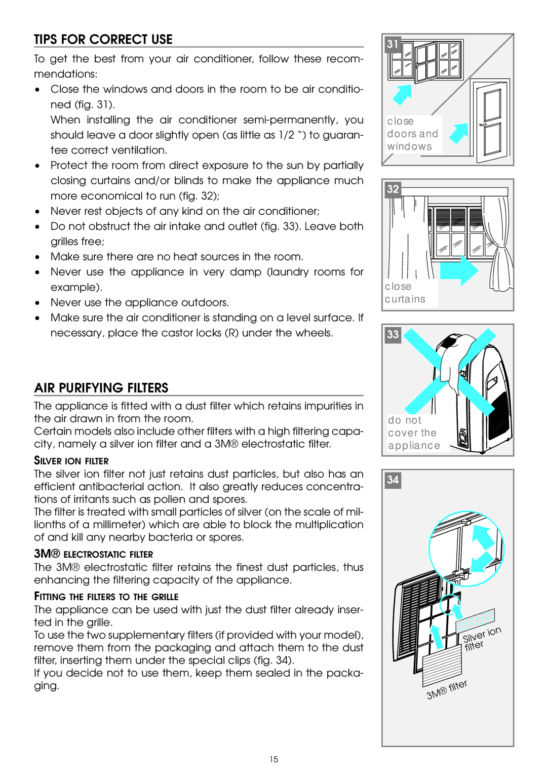 DeLonghi PAC W130E specifications Tips for Correct USE, AIR Purifying Filters 