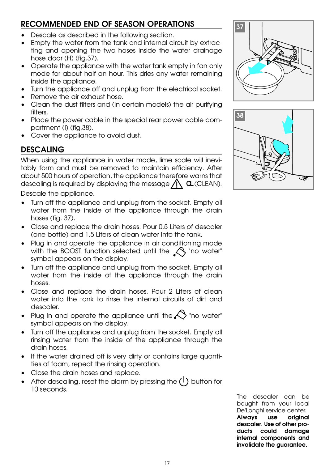 DeLonghi PAC W130E specifications Recommended END of Season Operations, Descaling 