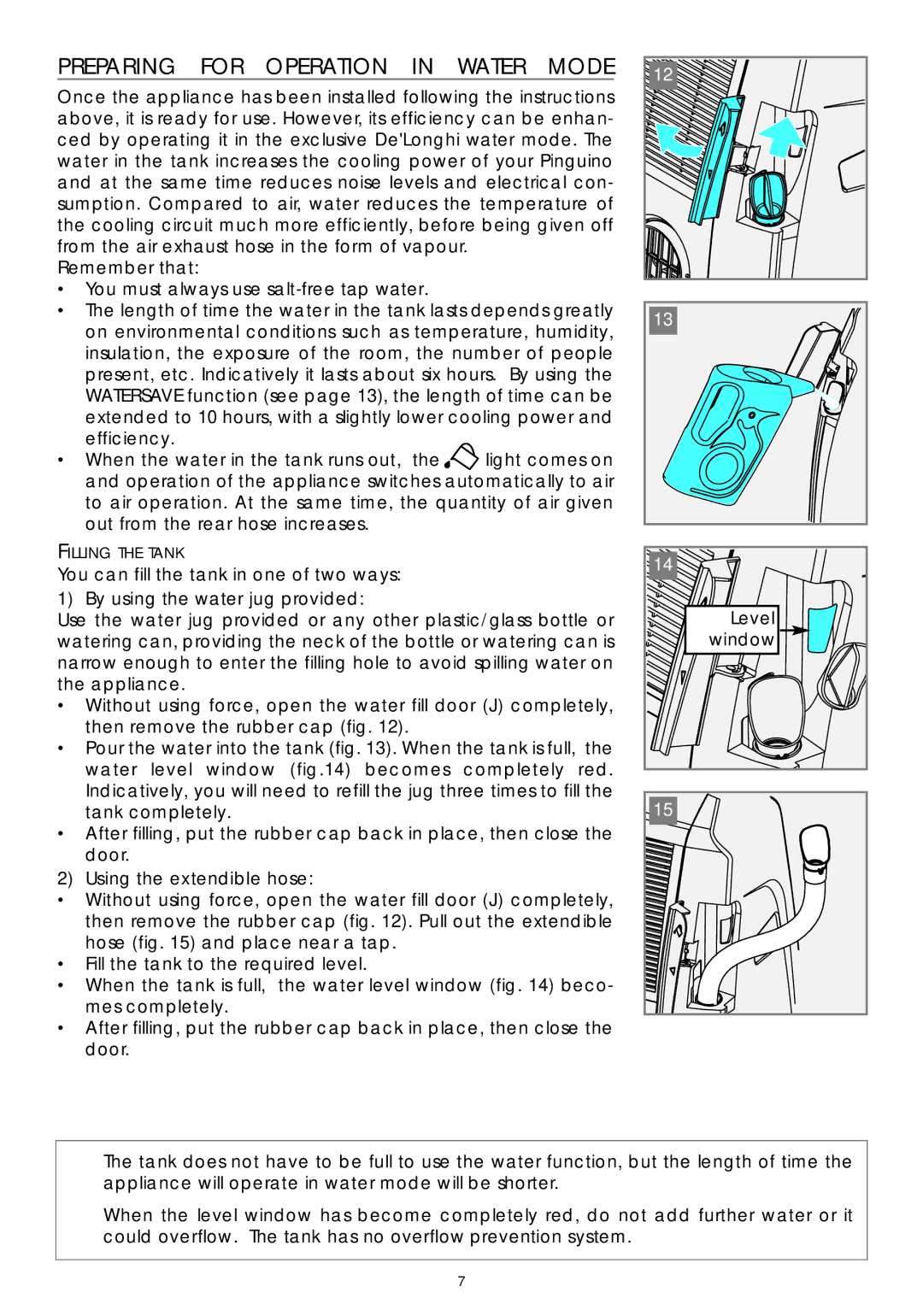 DeLonghi PAC W130E specifications Preparing for Operation in Water Mode, Window 