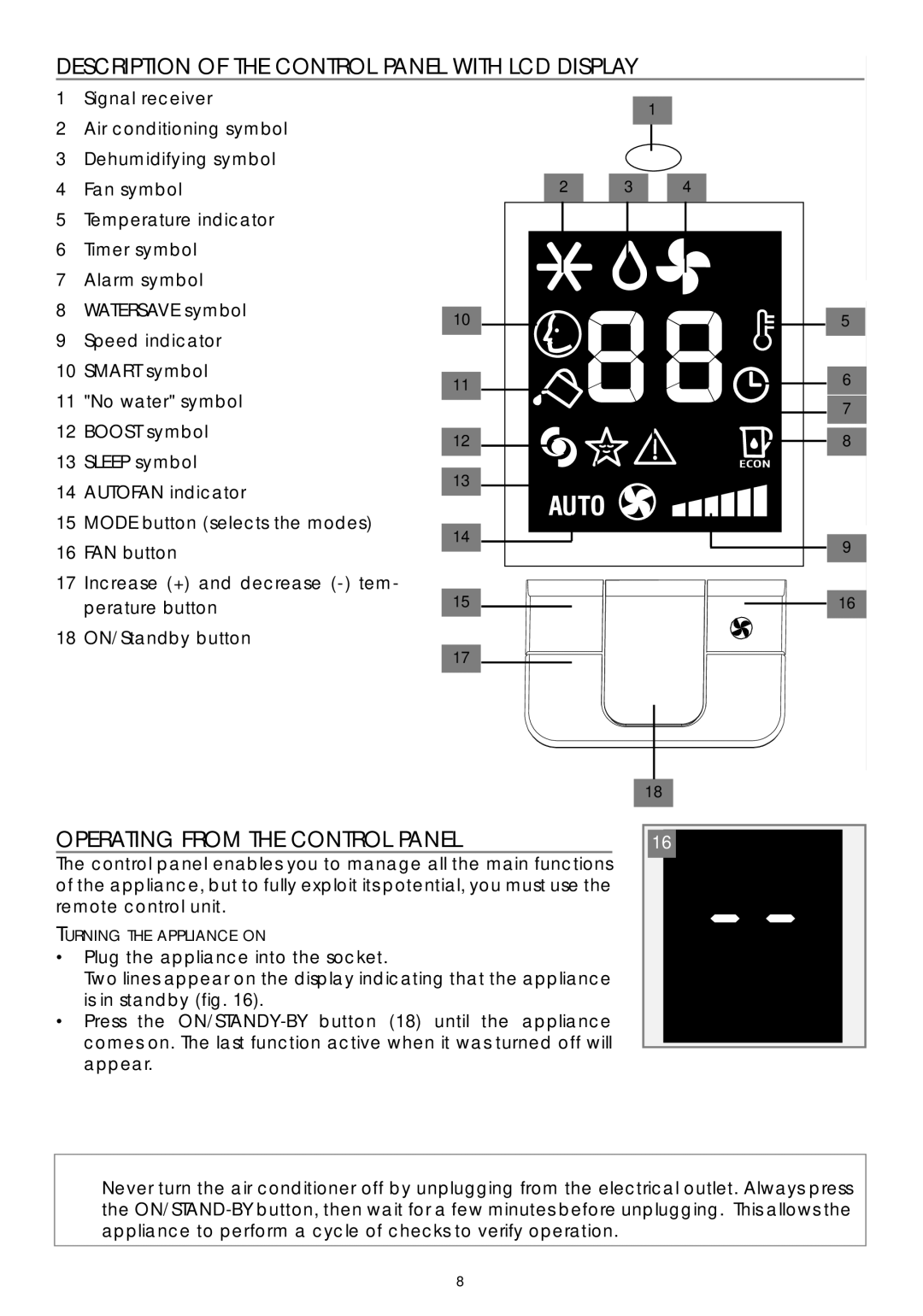 DeLonghi PAC W130E specifications Description of the Control Panel with LCD Display, Operating from the Control Panel 