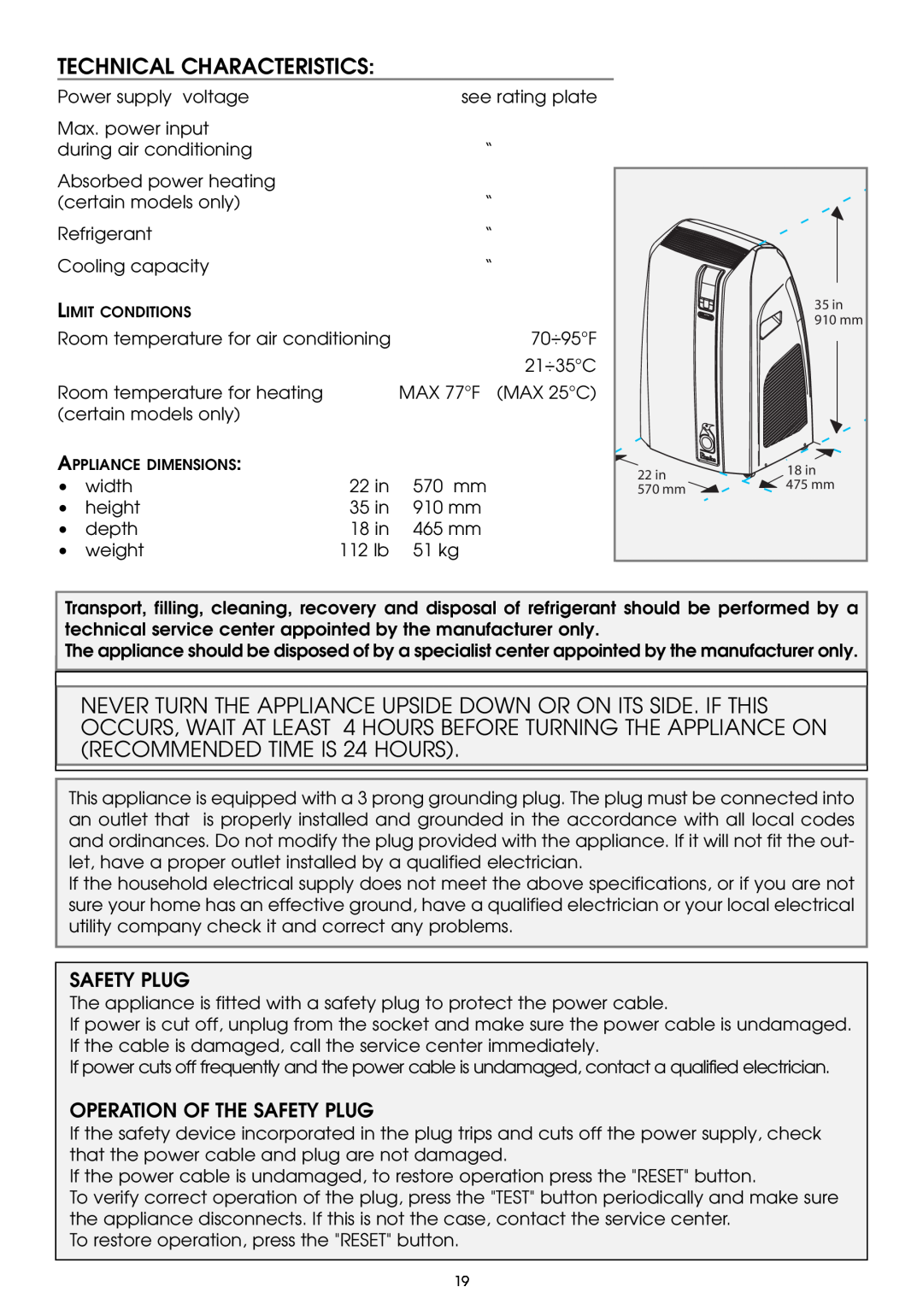 DeLonghi PAC W130E specifications Technical Characteristics, Operation Of The Safety Plug 
