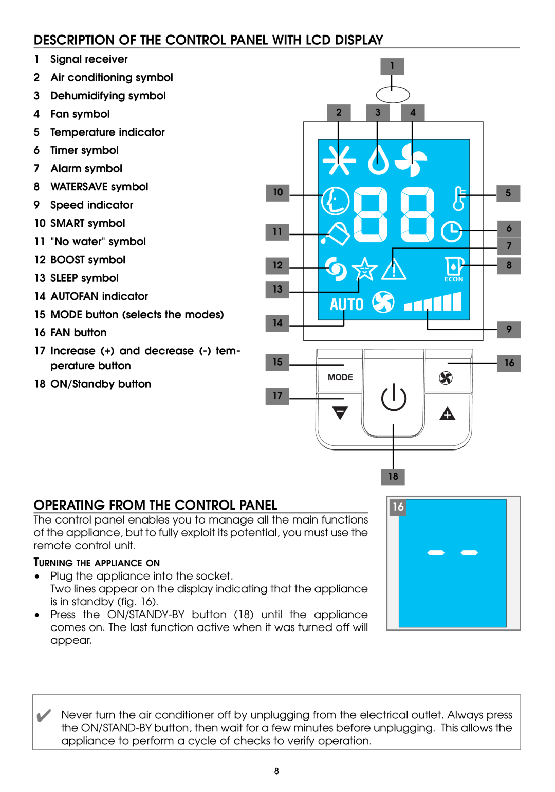 DeLonghi PAC W130E specifications Description Of The Control Panel With Lcd Display, Operating From The Control Panel 