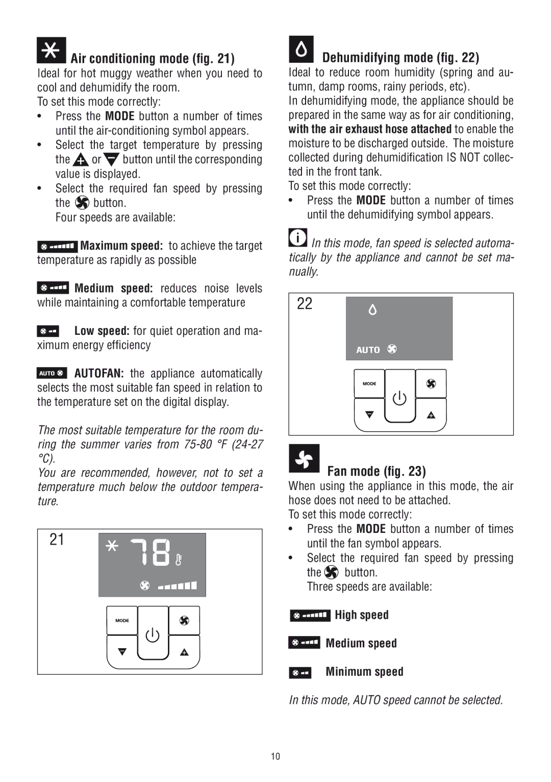 DeLonghi PAC WE 110 manual Air conditioning mode fig, Dehumidifying mode fig, Fan mode fig 