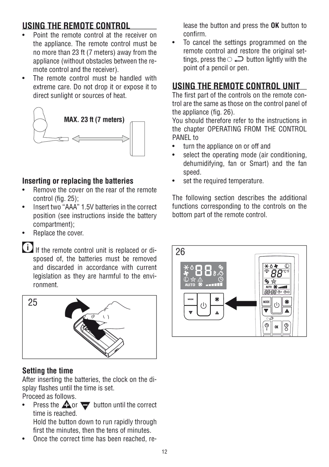 DeLonghi PAC WE 110 Using the Remote Control, Inserting or replacing the batteries, Setting the time, Time is reached 