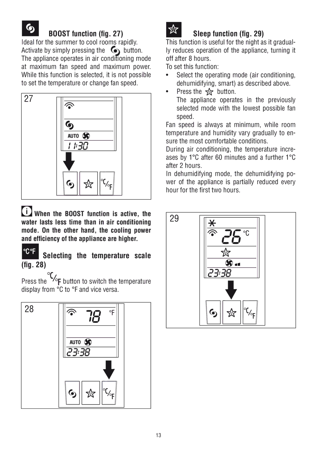 DeLonghi PAC WE 110 manual Boost function fig, Sleep function fig, Selecting the temperature scale fig 