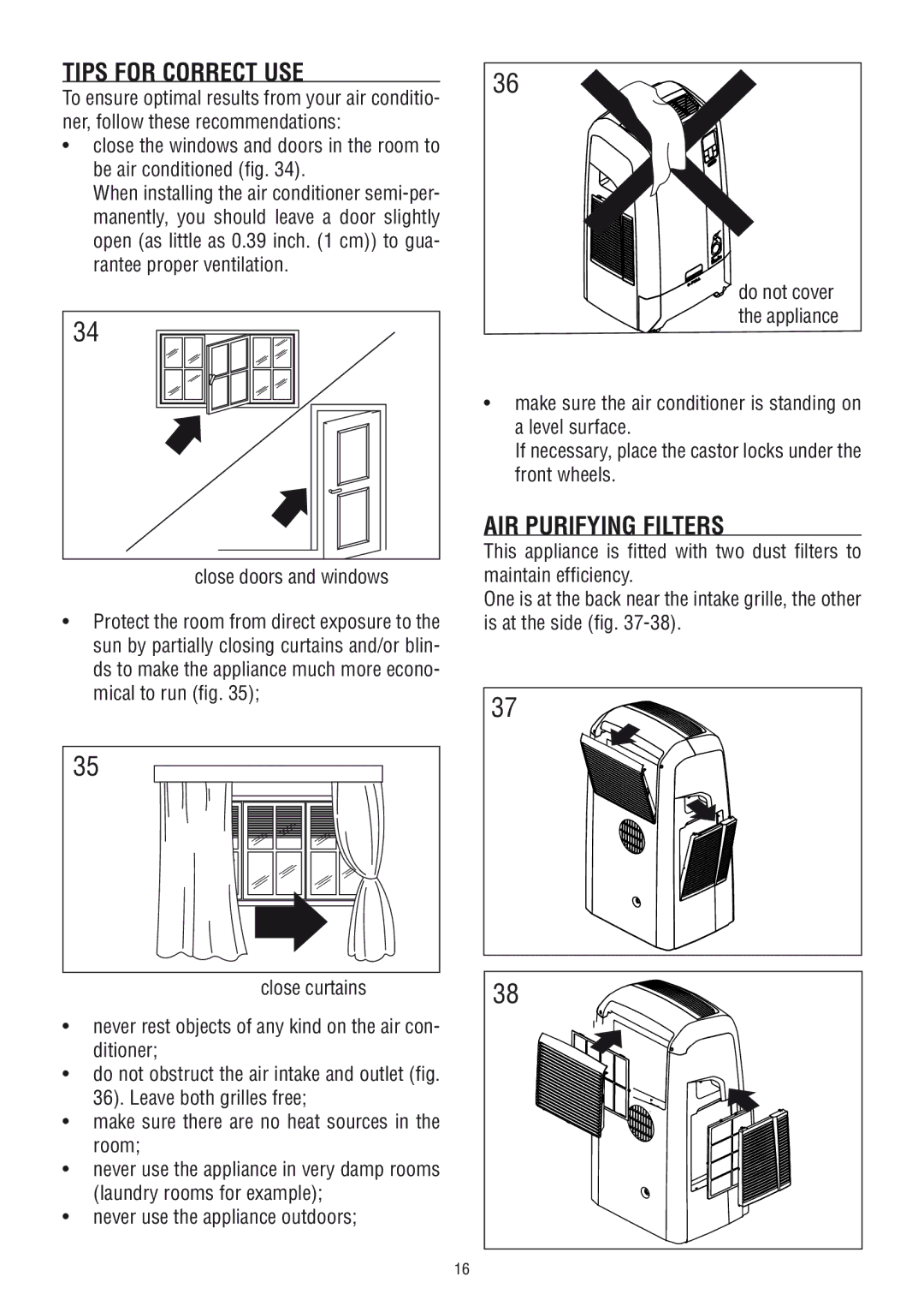 DeLonghi PAC WE 110 manual Tips for Correct USE, AIR Purifying Filters, Close doors and windows 