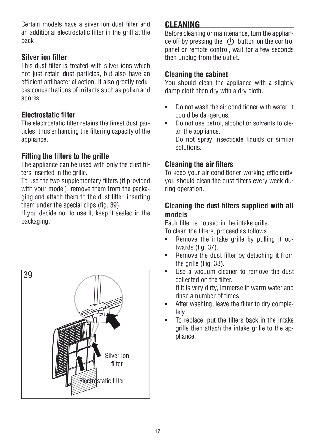 DeLonghi PAC WE 110 manual Cleaning 