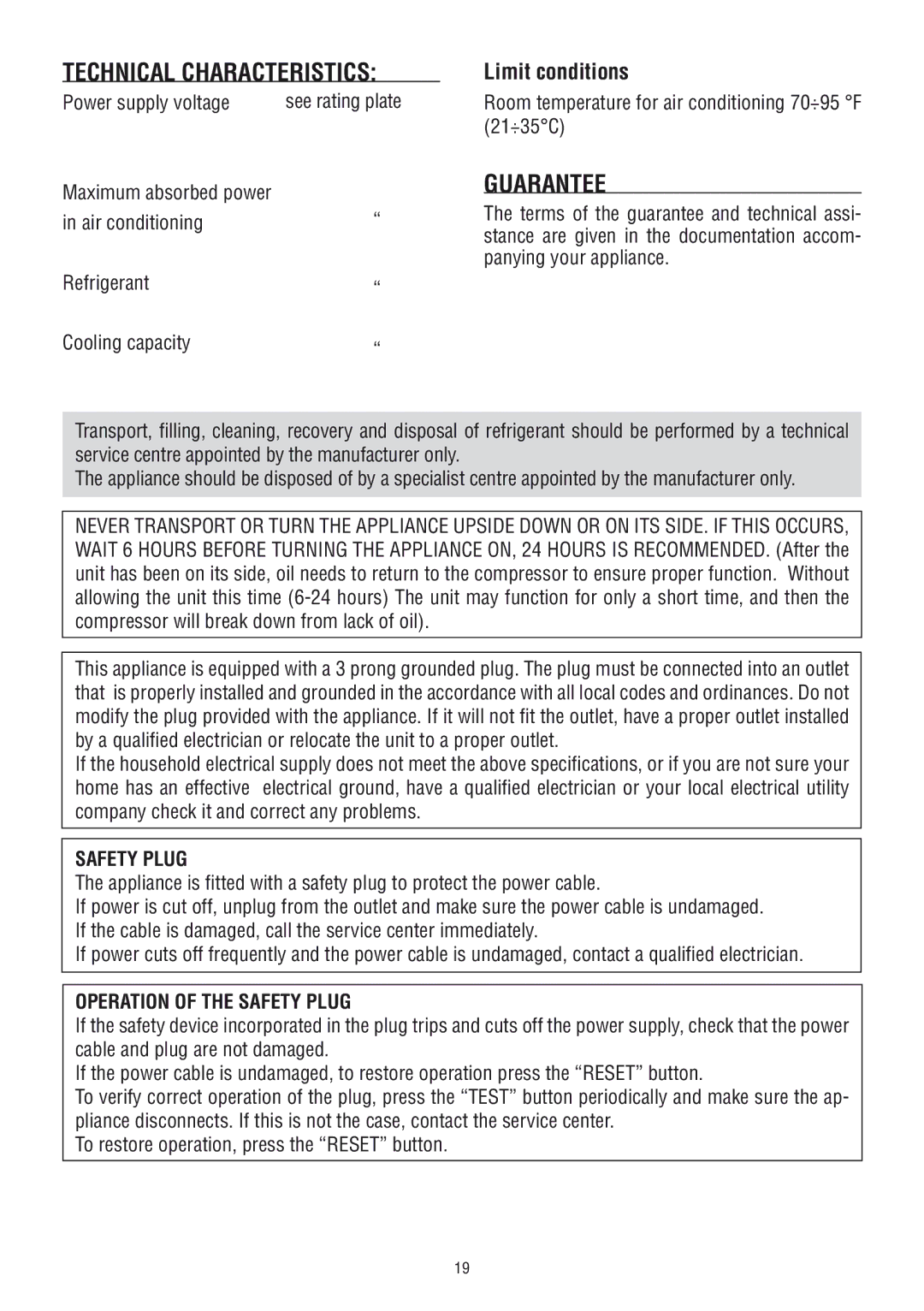 DeLonghi PAC WE 110 manual Technical Characteristics, Guarantee, Limit conditions 