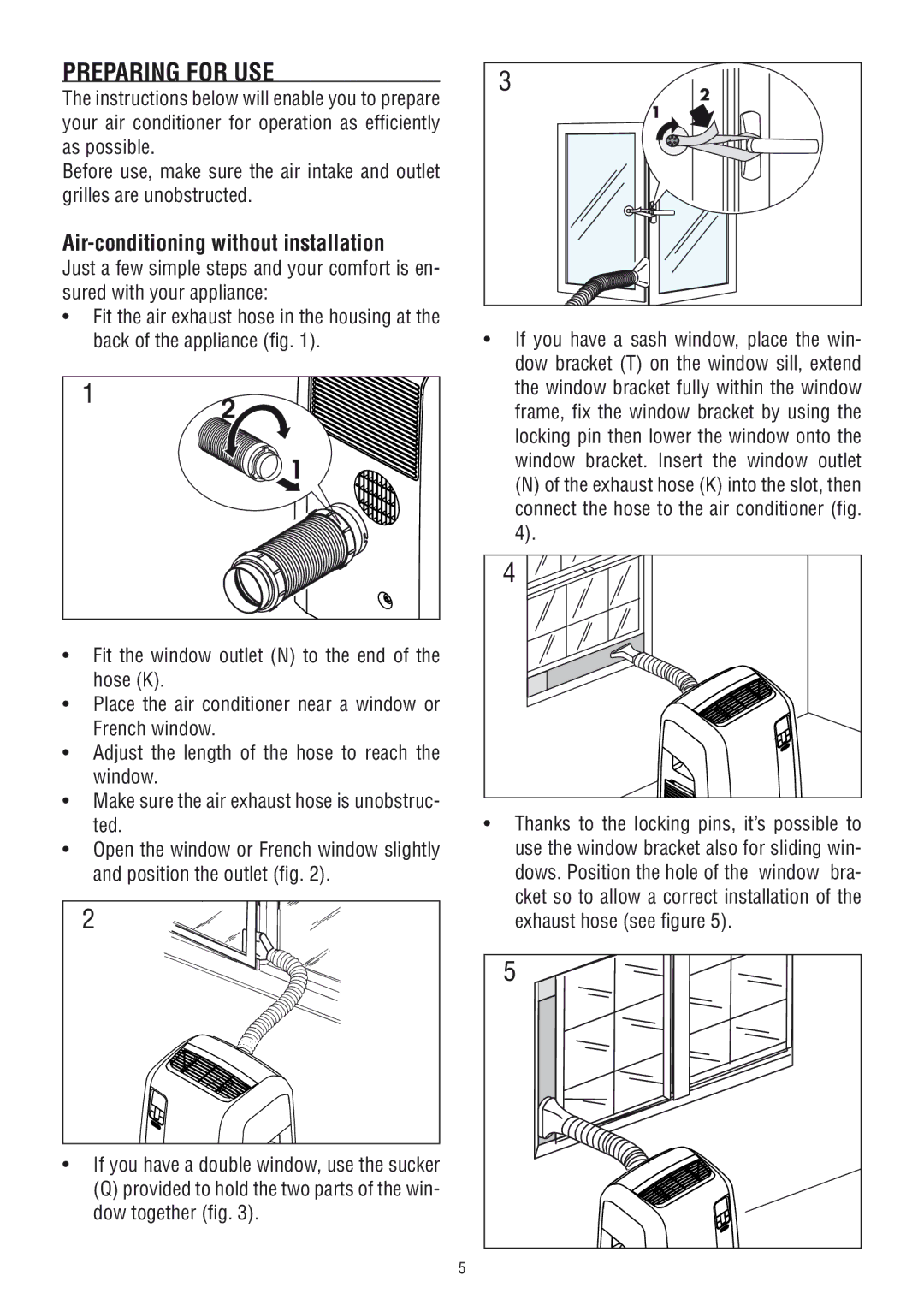 DeLonghi PAC WE 110 manual Preparing for USE, Air-conditioning without installation 