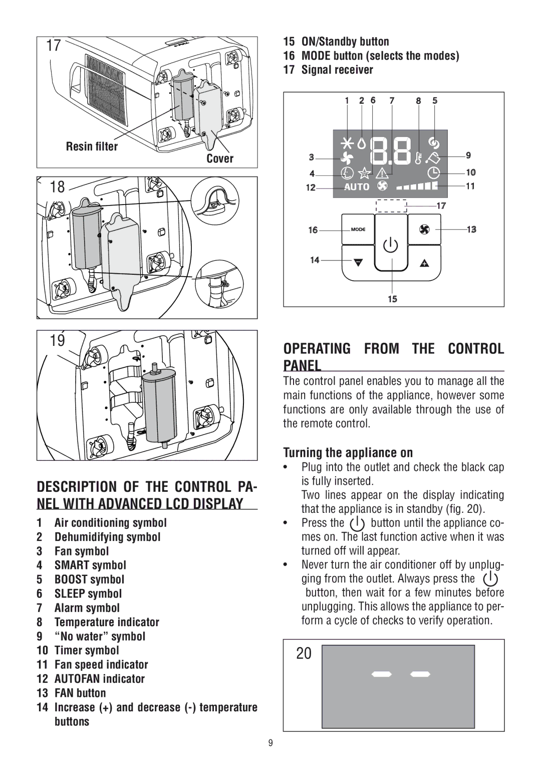 DeLonghi PAC WE 110 manual Operating from the Control Panel, Turning the appliance on 