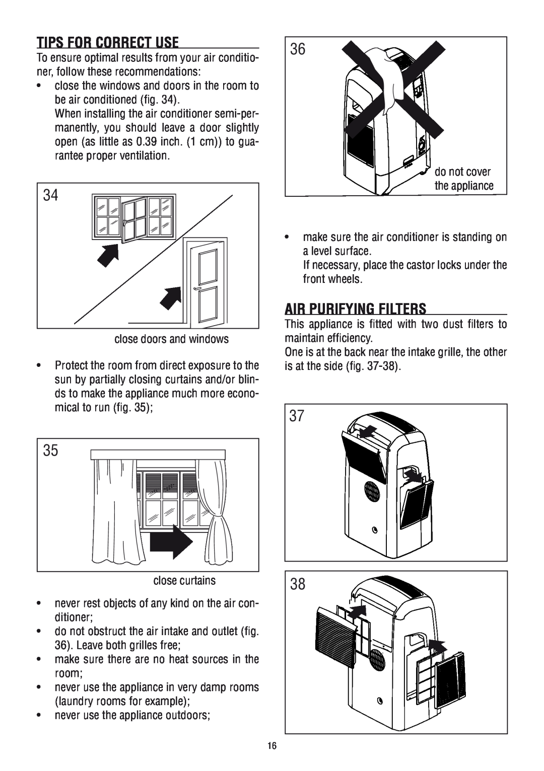 DeLonghi PAC WE 110 manual Tips For Correct Use, Air Purifying Filters 
