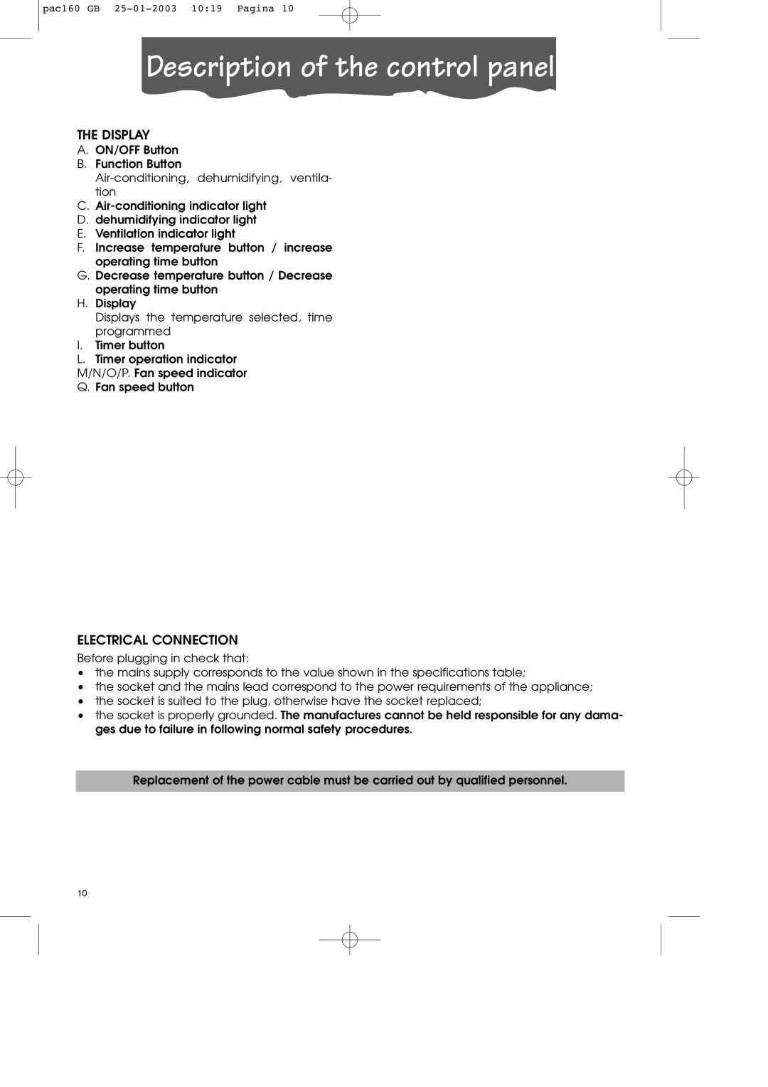 DeLonghi PAC160 manual Description of the control panel, Display, Electrical Connection 