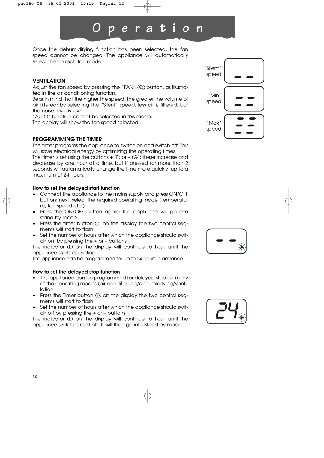 DeLonghi PAC160 manual Ventilation, Programming the Timer 