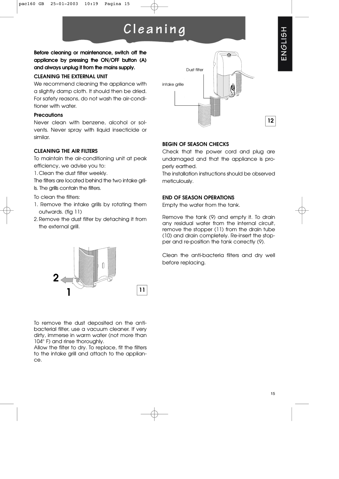 DeLonghi PAC160 manual E a n i n g, Cleaning the External Unit 