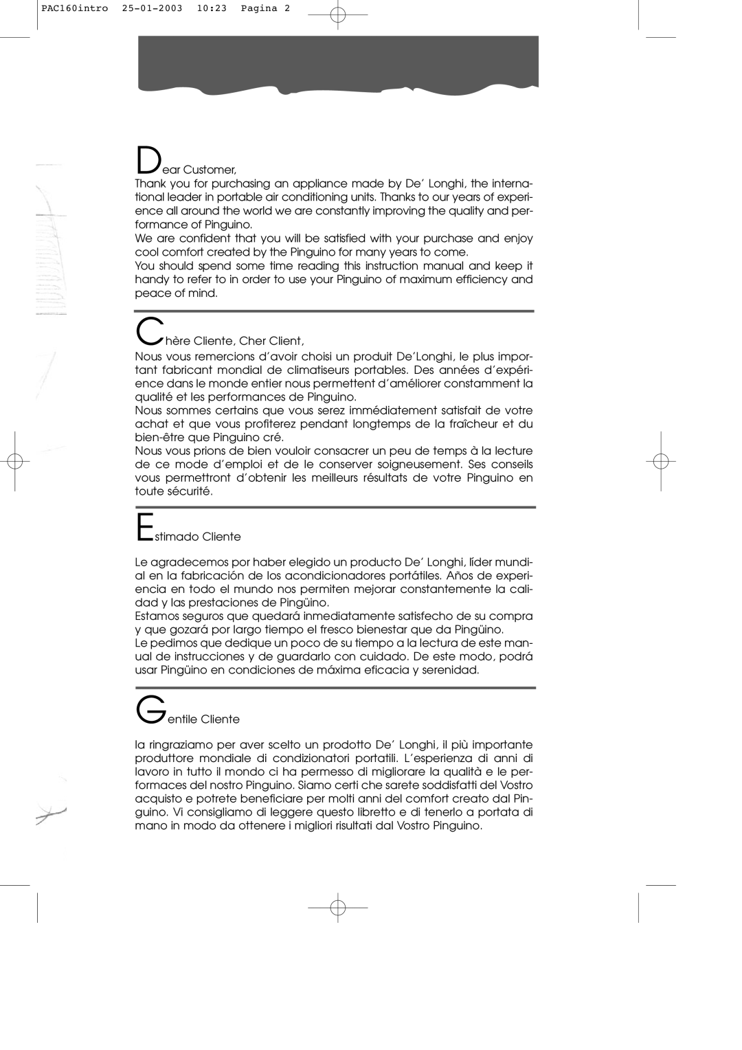 DeLonghi manual PAC160intro 25-01-2003 1023 Pagina 